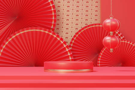 3d rendering of minimal scene of blank podium with Chinese lunar new year theme. Display stand for product presentation mock up. Cylinder stage in Chinese traditional texture with simple design.の写真素材