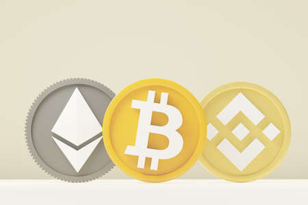 3d render stack of cryptocurrencies Bitcoin, Ethereum, and Binance coins. Cryptocurrency digital currency concept. New virtual money exchange in blockchain.の写真素材