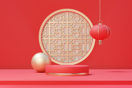 3d rendering of minimal scene of blank podium with Chinese lunar new year theme. Display stand for product presentation mock up. Cylinder stage in Chinese traditional texture with simple design.の写真素材