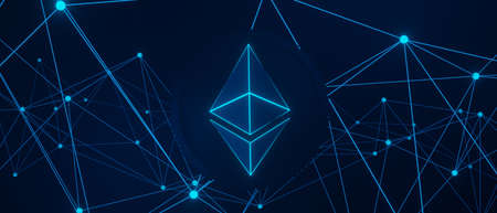 3d render of cryptocurrency Ethereum or ETH coins with technology network neon laser light. Cryptocurrency digital currency concept. New virtual money exchange in blockchain.の写真素材