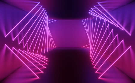 3d render of RGB neon light on darkness background. Abstract Laser lines show at night. Ultraviolet...