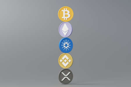 3d render stack of cryptocurrencies Bitcoin, Ethereum, Cardano and Binance coins. Cryptocurrency...