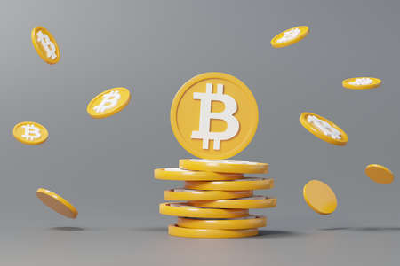 3d render stack of cryptocurrency Bitcoin. Cryptocurrency digital currency concept. New virtual...