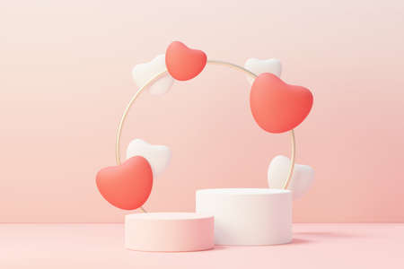 3d render minimal sweet scene with display podium for mock up and product brand presentation. Pink Pedestal stand for Valentine's Day's theme. Cute lovely heart background. Love day's design style.の写真素材