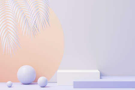 3d render of Beauty podium with Very Peri color of the year 2022 design for product presentation and advertising. Minimal pastel sky and Dreamy land scene. Romance concept.の写真素材