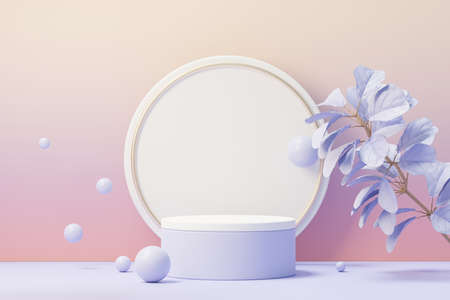 3d render of Beauty podium with Very Peri color of the year 2022 design for product presentation and advertising. Minimal pastel sky and Dreamy land scene. Romance concept.の写真素材