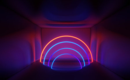 3d render of RGB neon light on darkness background. Abstract Laser lines show at night. Ultraviolet...
