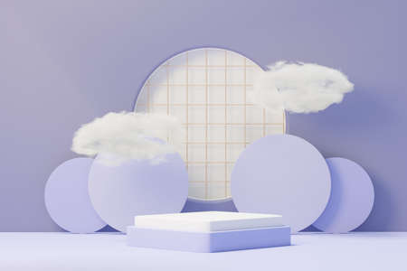 3d render of Beauty podium with Very Peri color of the year 2022 design for product presentation and advertising. Minimal pastel sky and Dreamy land scene. Romance concept.の写真素材
