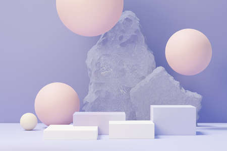3d render of Beauty podium with Very Peri color of the year 2022 design for product presentation and advertising. Minimal pastel sky and Dreamy land scene. Romance concept.の写真素材