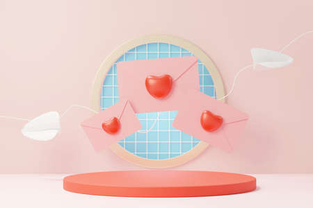 3d render minimal sweet scene with display podium for mock up and product brand presentation. Pink Pedestal stand for Valentine's Day's theme. Cute lovely heart background. Love day's design style.の写真素材