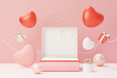 3d render minimal sweet scene with display podium for mock up and product brand presentation. Pink Pedestal stand for Valentine's Day's theme. Cute lovely heart background. Love day's design style.の写真素材