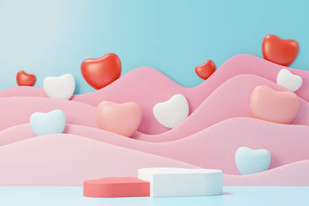 3d render minimal sweet scene with display podium for mock up and product brand presentation. Pink Pedestal stand for Valentine's Day's theme. Cute lovely heart background. Love day's design style.の写真素材