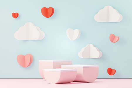 3d render minimal sweet scene with display podium for mock up and product brand presentation. Pink Pedestal stand for Valentine's Day's theme. Cute lovely heart background. Love day's design style.の写真素材