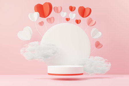3d render minimal sweet scene with display podium for mock up and product brand presentation. Pink Pedestal stand for Valentine's Day's theme. Cute lovely heart background. Love day's design style.の写真素材