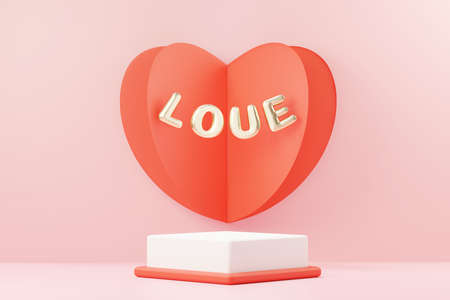 3d render minimal sweet scene with display podium for mock up and product brand presentation. Pink Pedestal stand for Valentine's Day's theme. Cute lovely heart background. Love day's design style.の写真素材
