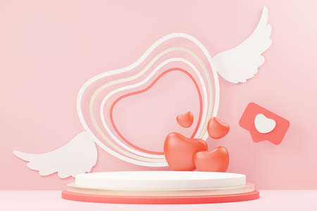 3d render minimal sweet scene with display podium for mock up and product brand presentation. Pink Pedestal stand for Valentine's Day's theme. Cute lovely heart background. Love day's design style.の写真素材