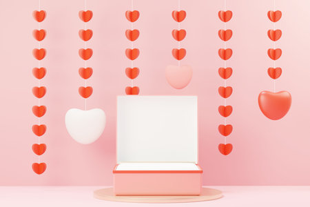 3d render minimal sweet scene with display podium for mock up and product brand presentation. Pink Pedestal stand for Valentine's Day's theme. Cute lovely heart background. Love day's design style.の写真素材