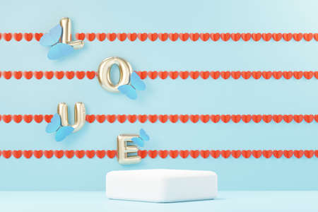 3d render minimal sweet scene with display podium for mock up and product brand presentation. Pink Pedestal stand for Valentine's Day's theme. Cute lovely heart background. Love day's design style.の写真素材