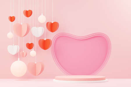 3d render minimal sweet scene with display podium for mock up and product brand presentation. Pink Pedestal stand for Valentine's Day's theme. Cute lovely heart background. Love day's design style.の写真素材