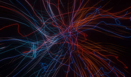 3d render of RGB neon light on darkness background. Abstract Laser lines show at night. Ultraviolet spectrum beam scene for mock up and web banner.の写真素材