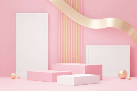 3d render abstract display podium platform for  product presentation and advertising. Minimal scene backdrop with clean design. Vacant pedestal for mock up. Empty stage with pastel color for cosmetic.の写真素材