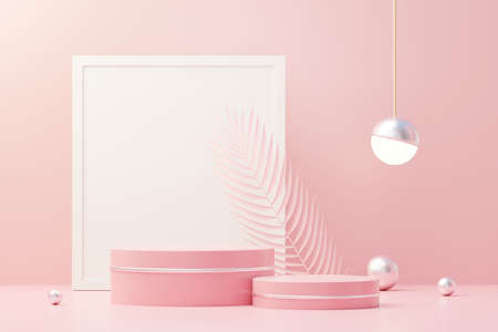 3d render abstract display podium platform for  product presentation and advertising. Minimal scene backdrop with clean design. Vacant pedestal for mock up. Empty stage with pastel color for cosmetic.の写真素材