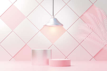 3d render abstract display podium platform for  product presentation and advertising. Minimal scene backdrop with clean design. Vacant pedestal for mock up. Empty stage with pastel color for cosmetic.の写真素材
