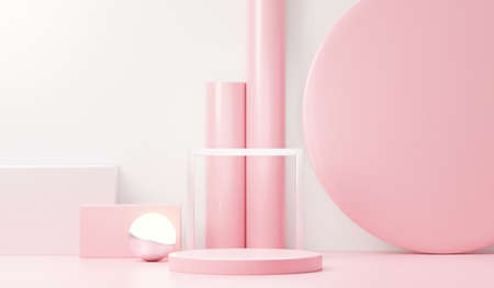 3d render abstract display podium platform for  product presentation and advertising. Minimal scene backdrop with clean design. Vacant pedestal for mock up. Empty stage with pastel color for cosmetic.の写真素材