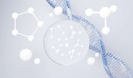 3d render of simple chemical bond in side cell or molecules. The associated of atoms, ions, bond and molecules. Liquid drop bubble background. Covalent bond. Biochemical interaction.の写真素材