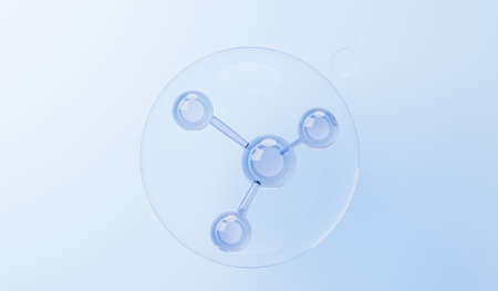 3d render of simple chemical bond in side cell or molecules. The associated of atoms, ions, bond and molecules. Liquid drop bubble background. Covalent bond. Biochemical interaction.の写真素材