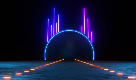 3d render of RGB neon light on darkness background. Abstract Laser lines show at night. Ultraviolet spectrum beam scene for mock up and web banner.の写真素材