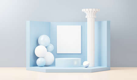 3d render abstract display podium platform for  product presentation and advertising. Minimal scene backdrop with clean design. Vacant pedestal for mock up. Empty stage with pastel color for cosmetic.の写真素材