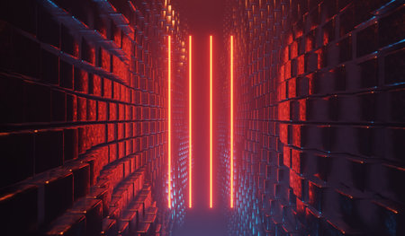 3d render of RGB neon light on darkness background. Abstract Laser lines show at night. Ultraviolet spectrum beam scene for mock up and web banner.の写真素材