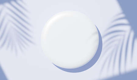 3d render top view of white blank cylinder frame for mock up and display products with shadows of palm leaves, earth tone, and violet wall background. Creative idea concept. Widow shadow.の写真素材