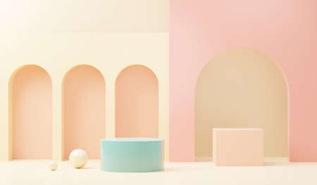 3d render abstract display podium platform for  product presentation and advertising. Minimal scene backdrop with clean design. Vacant pedestal for mock up. Empty stage with pastel color for cosmetic.の写真素材