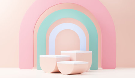 3d render abstract display podium platform for  product presentation and advertising. Minimal scene backdrop with clean design. Vacant pedestal for mock up. Empty stage with pastel color for cosmetic.の写真素材