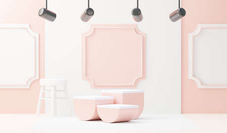 3d render abstract display podium platform for  product presentation and advertising. Minimal scene backdrop with clean design. Vacant pedestal for mock up. Empty stage with pastel color for cosmetic.の写真素材