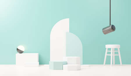 3d render abstract display podium platform for  product presentation and advertising. Minimal scene backdrop with clean design. Vacant pedestal for mock up. Empty stage with pastel color for cosmetic.の写真素材