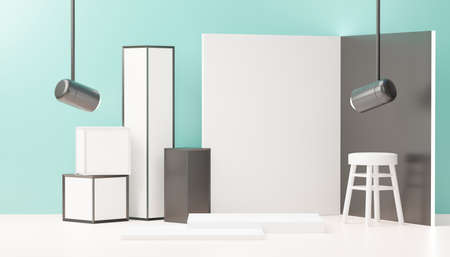 3d render abstract display podium platform for  product presentation and advertising. Minimal scene backdrop with clean design. Vacant pedestal for mock up. Empty stage with pastel color for cosmetic.の写真素材