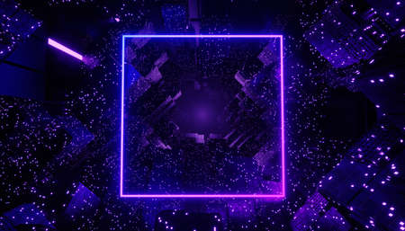 3d render of neon and light glowing on dark scene. Cyber punk night city concept. Night life. Technology network for 5g. Beyond generation and futuristic scene. Sci- fi pattern theme.の写真素材