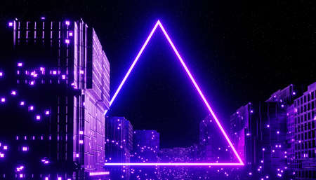 3d render of neon and light glowing on dark scene. Cyber punk night city concept. Night life. Technology network for 5g. Beyond generation and futuristic scene. Sci- fi pattern theme.の写真素材