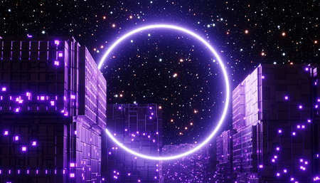 3d render of neon and light glowing on dark scene. Cyber punk night city concept. Night life. Technology network for 5g. Beyond generation and futuristic scene. Sci- fi pattern theme.の写真素材