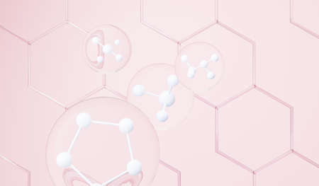 3d render of simple chemical bond in side cell or molecules. The associated of atoms, ions, bond and molecules. Liquid drop bubble background. Covalent bond. Biochemical interaction.の写真素材