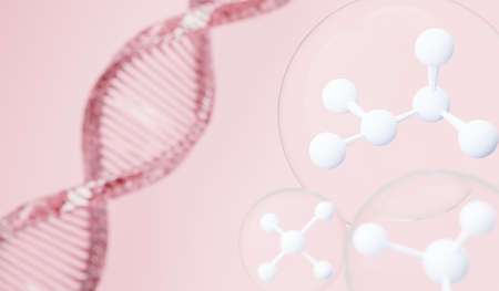 3d render of simple chemical bond in side cell or molecules. The associated of atoms, ions, bond and molecules. Liquid drop bubble background. Covalent bond. Biochemical interaction.の写真素材