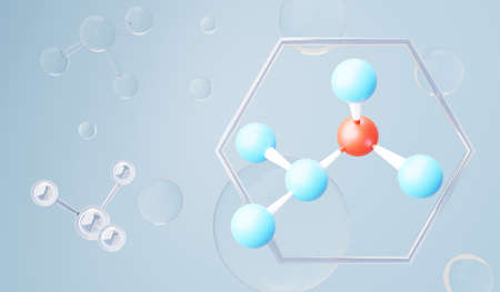 3d render of simple chemical bond in side cell or molecules. The associated of atoms, ions, bond and molecules. Liquid drop bubble background. Covalent bond. Biochemical interaction.の写真素材