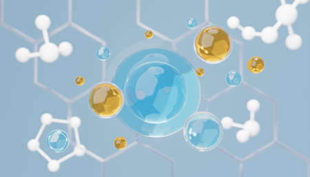 3d render of simple chemical bond in side cell or molecules. The associated of atoms, ions, bond and molecules. Liquid drop bubble background. Covalent bond. Biochemical interaction.の写真素材