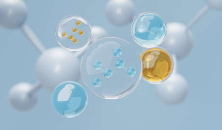 3d render of simple chemical bond in side cell or molecules. The associated of atoms, ions, bond and molecules. Liquid drop bubble background. Covalent bond. Biochemical interaction.の写真素材