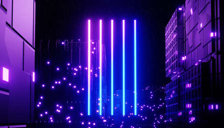 3d render of neon and light glowing on dark scene. Cyber punk night city concept. Night life. Technology network for 5g. Beyond generation and futuristic scene. Sci- fi pattern theme.の写真素材