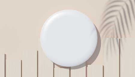 3d render top view of white blank cylinder frame for mock up and display products with shadows of palm leaves, earth tone, and pastel wall background. Creative idea concept. Widow shadow.の写真素材