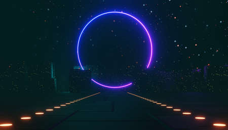3d render of neon and light glowing on dark scene. Cyber punk night city concept. Night life. Technology network for 5g. Beyond generation and futuristic scene. Sci- fi pattern theme.の写真素材
